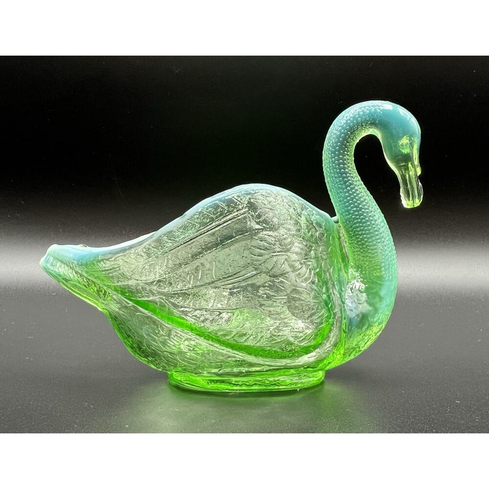 Antique Dugan Green Opalescent Glass Swan Salt Cellar Trinket Dish 3.5”